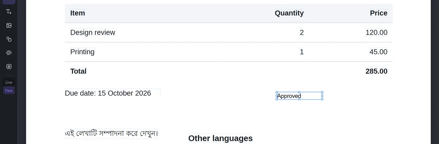 New text added to the page with the Add text tool