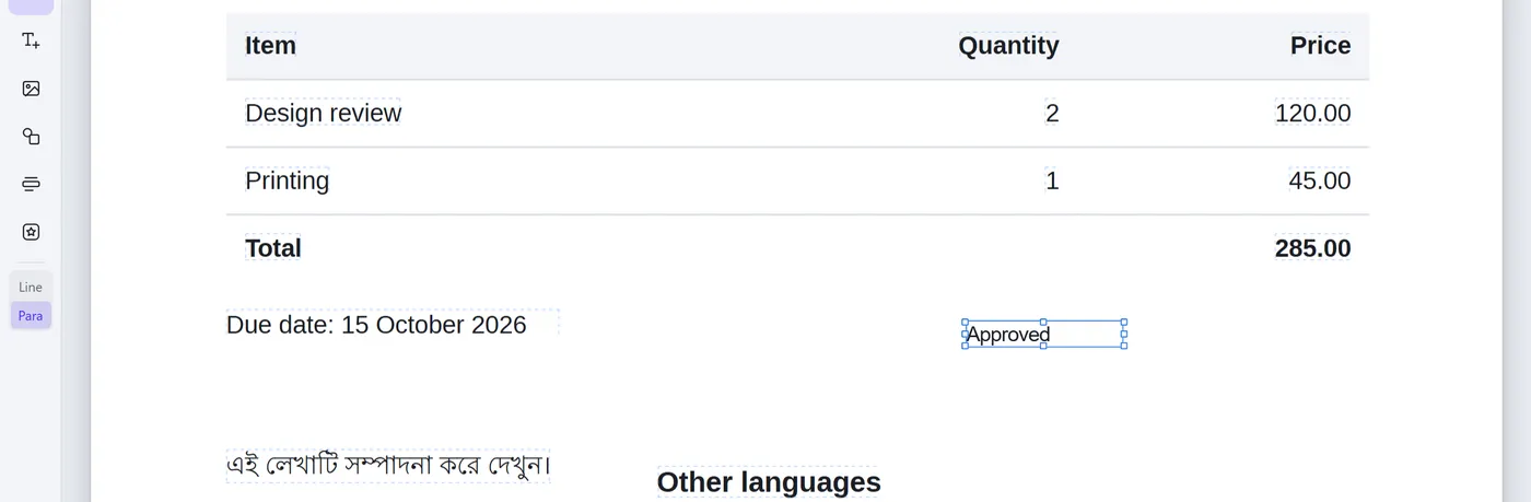 New text added to the page with the Add text tool