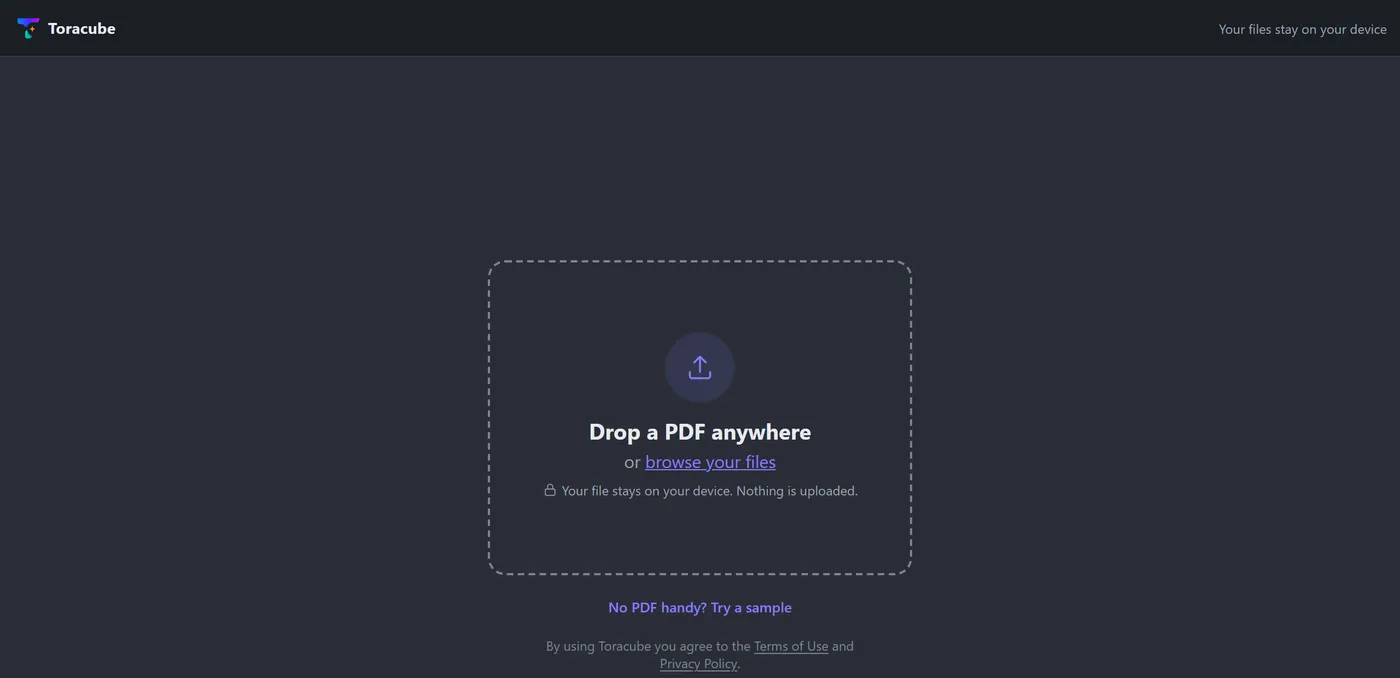 The editor waiting for a PDF, with a drop area in the middle