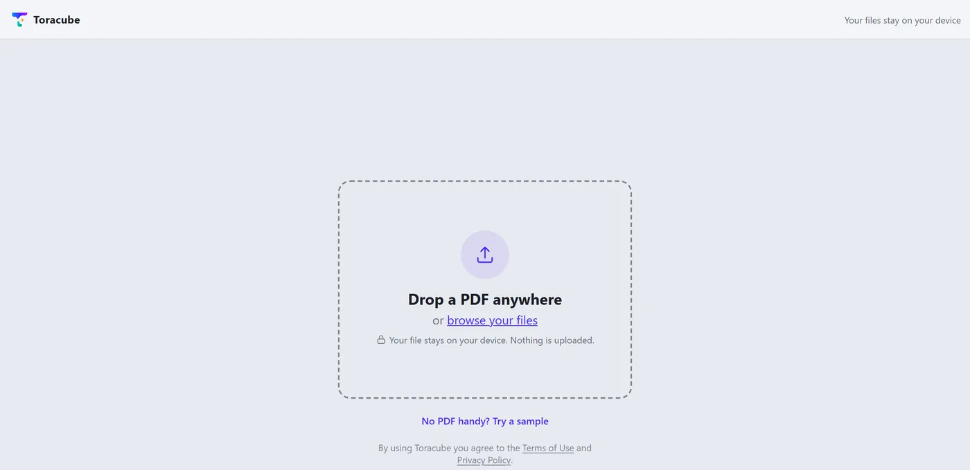 The editor waiting for a PDF, with a drop area in the middle