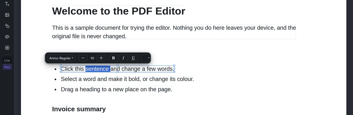 Selected words with the formatting bar above them