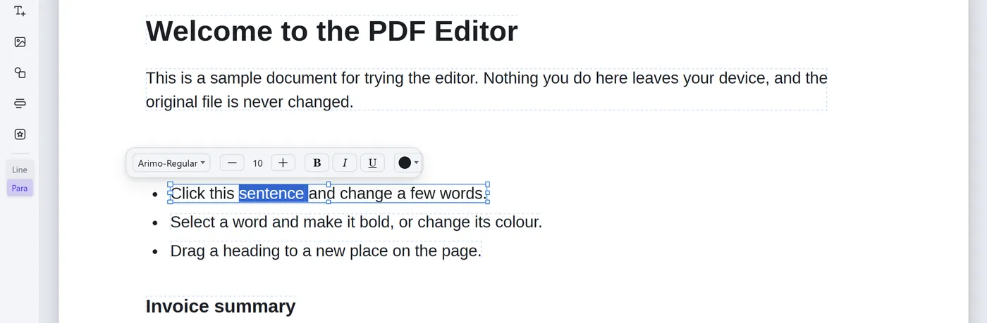 Selected words with the formatting bar above them